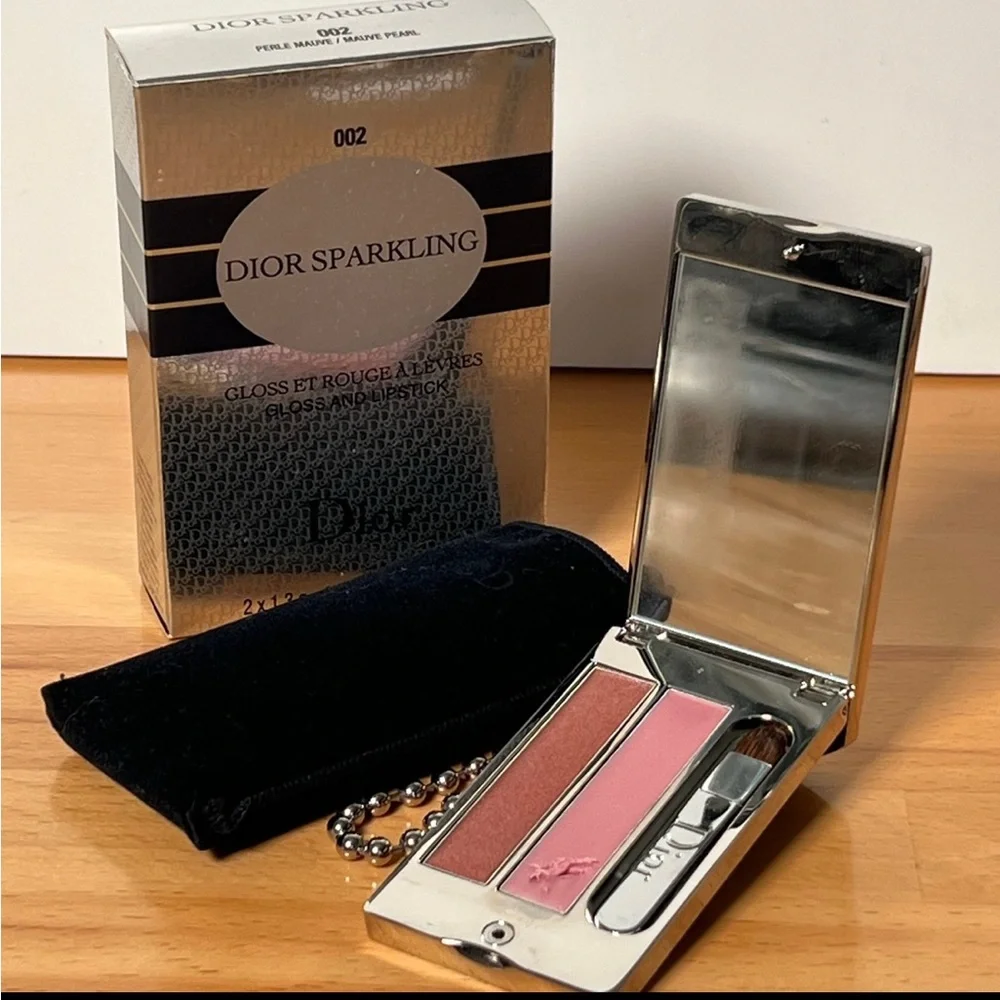 Dior Silver Sparkling Dog Tag Lip Duo Palette Keychain Vintage - Mauve Pearl